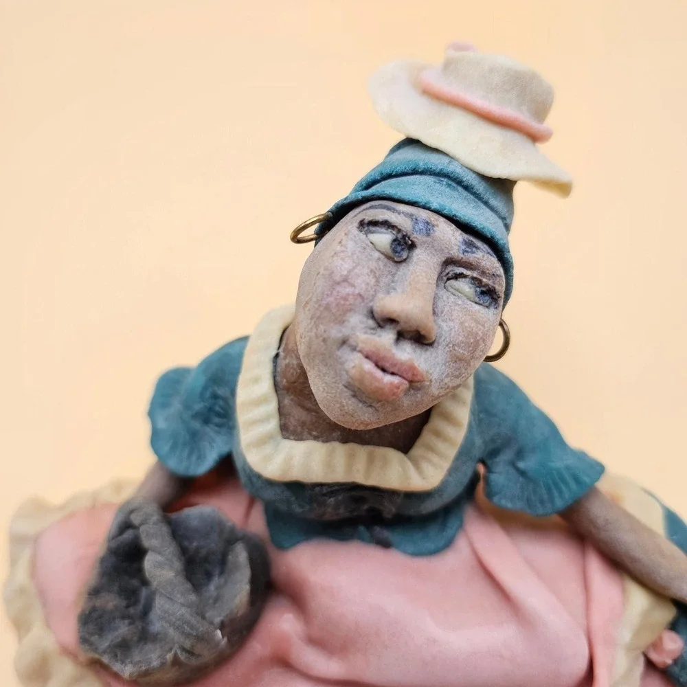 Artisan Signed Limited Edition Figurine Woman Basket Straw Hat Handcrafted RARE
